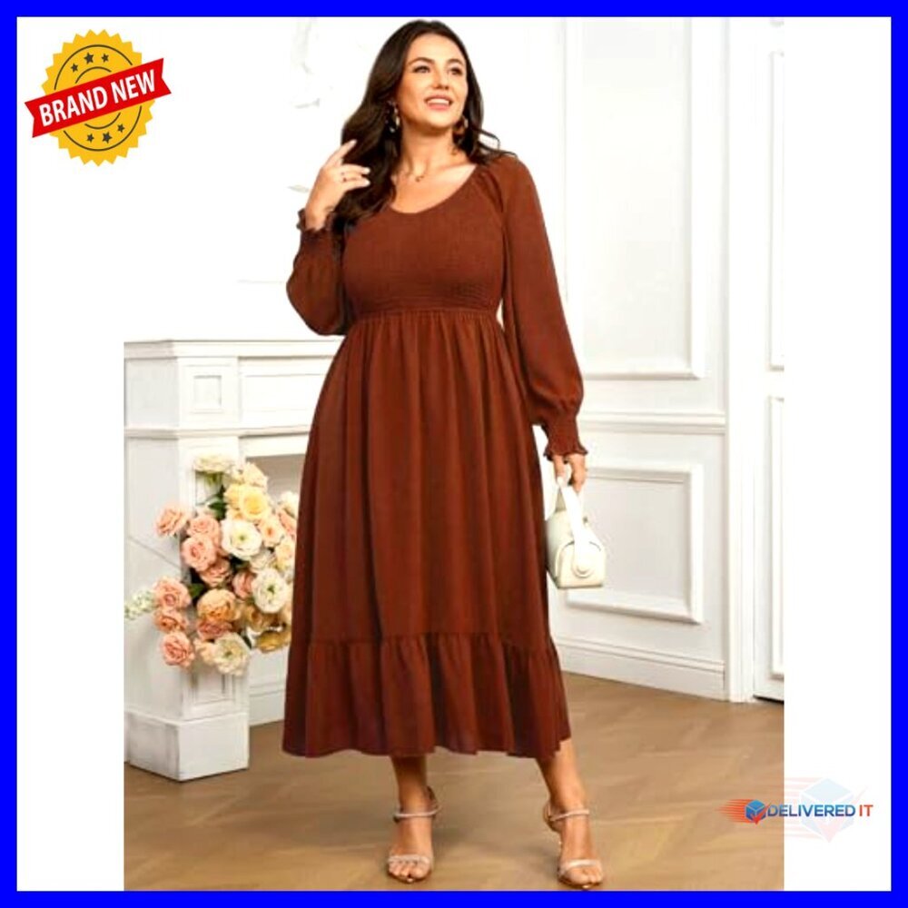 Plus Size Maxi Dress Long Sleeve Square Neck Smocked Ruffle Swing Flowy - Picture 4 of 7
